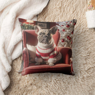 Christmas French Bulldog On a Red Chair Throw Pillow