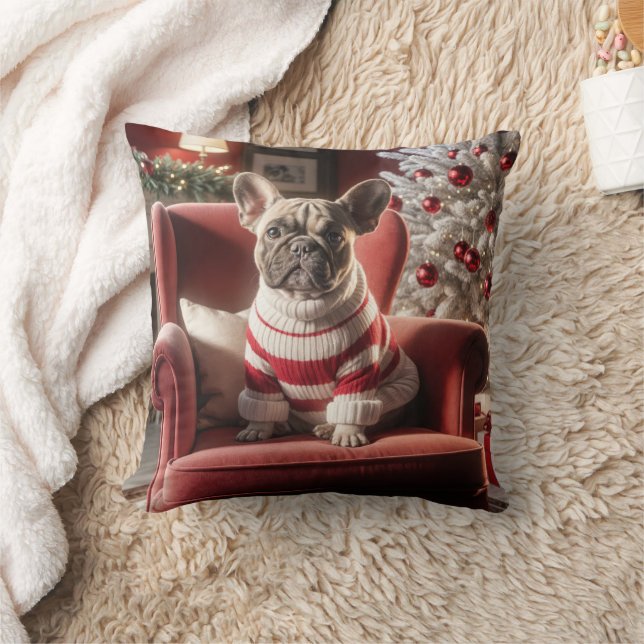 Christmas French Bulldog On a Red Chair Throw Pillow (Blanket)
