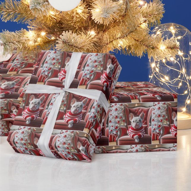 Christmas French Bulldog On a Tufted Chair Wrapping Paper (Holidays)