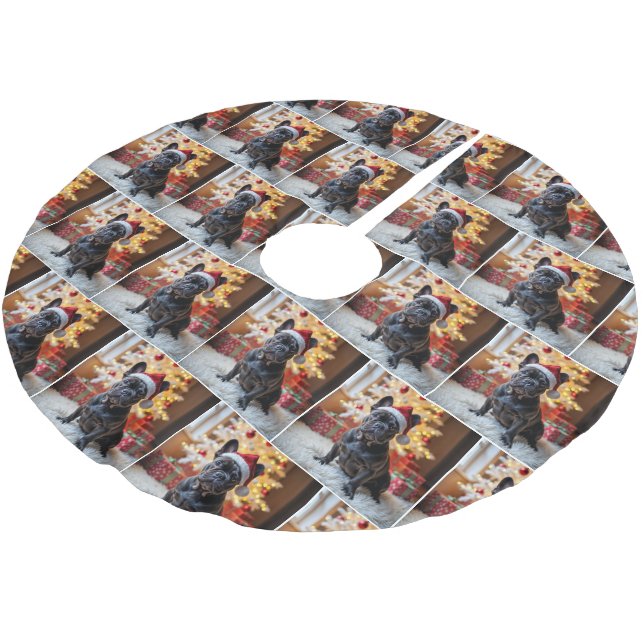 Christmas French Bulldog On Fur Rug Brushed Polyester Tree Skirt (Angled)