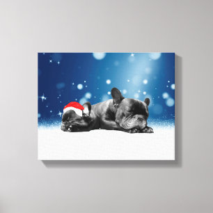 Christmas French Bulldog Puppies snow santa hat Canvas Print