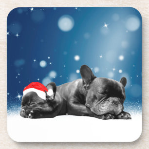 Christmas French Bulldog Puppies snow santa hat Coaster