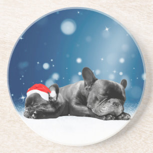 Christmas French Bulldog Puppies snow santa hat Coaster