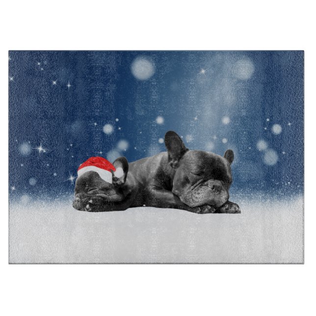 Christmas French Bulldog Puppies snow santa hat Cutting Board (Front)