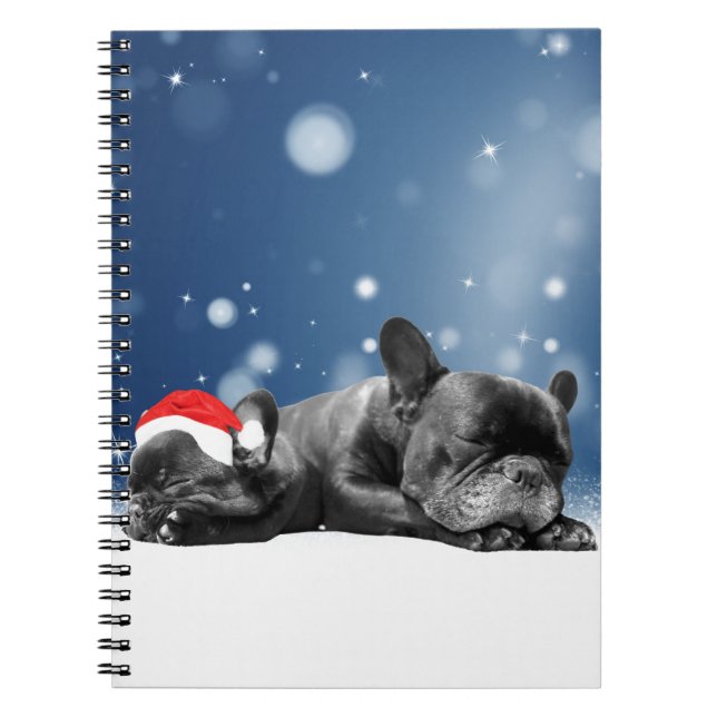 Christmas French Bulldog Puppies snow santa hat Notebook (Front)
