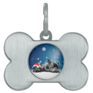 Christmas French Bulldog Puppies snow santa hat Pet ID Tag
