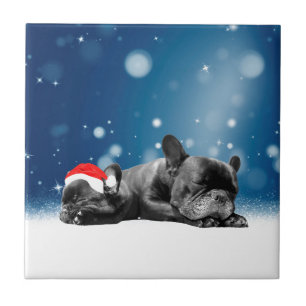 Christmas French Bulldog Puppies snow santa hat Tile
