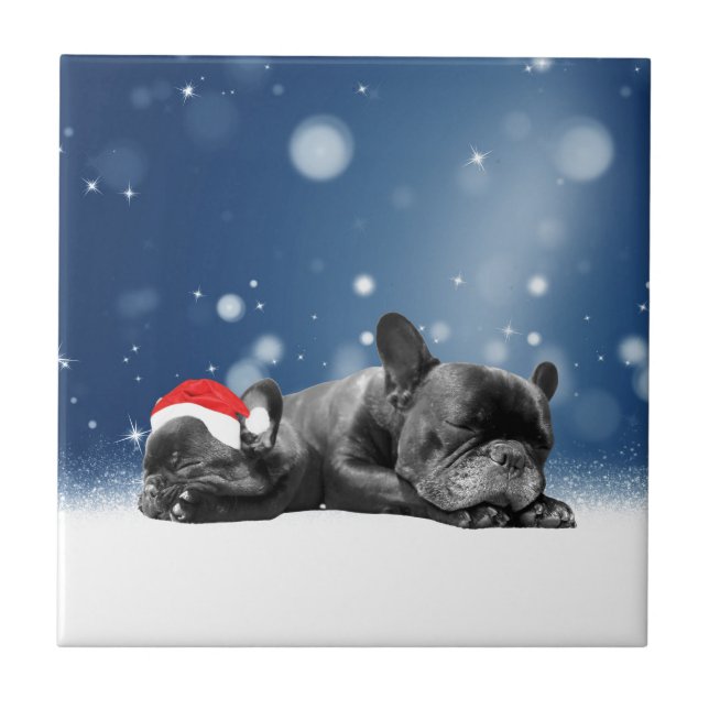 Christmas French Bulldog Puppies snow santa hat Tile (Front)