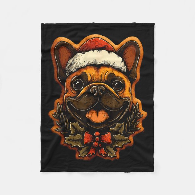 Christmas French Bulldog With Santa Hat Gingerbrea Fleece Blanket (Front)