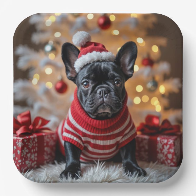 Christmas French Bulldog With Santa Hat Paper Plate (Front)