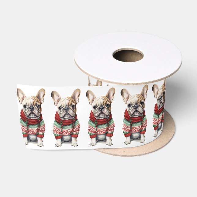 Christmas French Bulldog With Sweater Satin Ribbon (Spool)