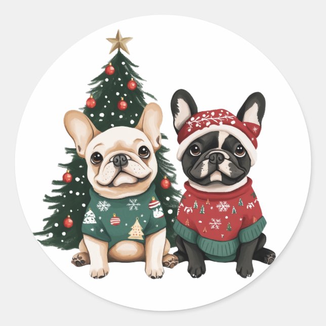 Christmas French Bulldogs Classic Round Sticker (Front)