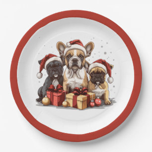 Christmas French Bulldogs Santa Hat Paper Plate