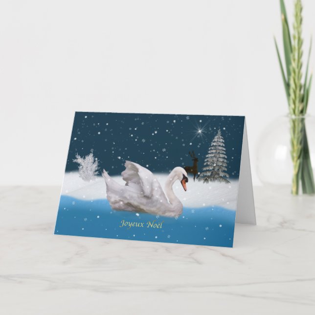 Christmas, French Language, Snowy Night with Swan Holiday Card (Front)
