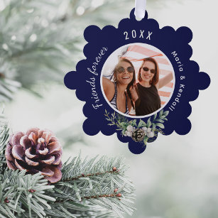 Christmas friend photo navy blue cone pine ornament card