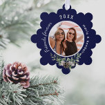 Christmas friend photo navy blue cone pine ornament card<br><div class="desc">Personalize and add your own photo. A navy blue background decorated with a cone and pine greenery.  Add your names and year.</div>