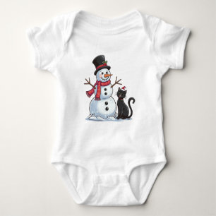 Christmas friends Snowman and Black Cat Baby Bodysuit