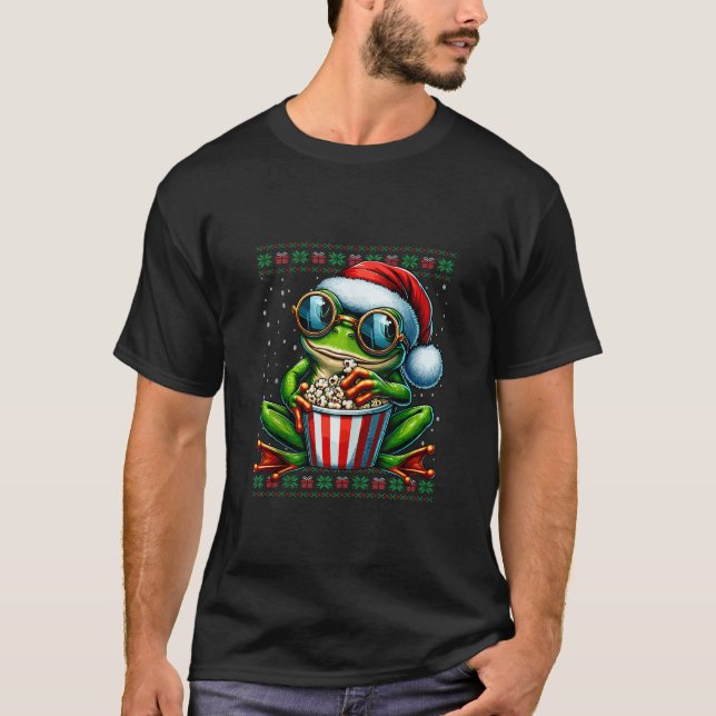 Christmas Frog Eating Popcorn Ugly Christmas Sweat T-Shirt (Front)