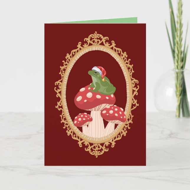 Christmas Frog on Mushroom Holiday Card (Front)