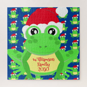 Christmas Frog Santa Hat Pattern Blue Novelty Jigsaw Puzzle