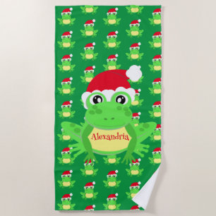 Christmas Frog Santa Hat Pattern Green Novelty  Beach Towel