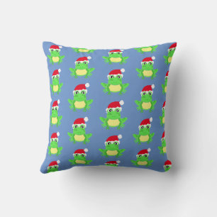 Christmas Frog Santa Hat Pattern Novelty Blue Throw Pillow