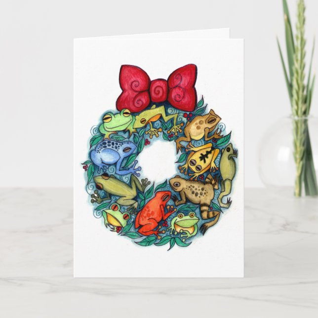 Christmas Frog Wreath - Colourful and Bright Frogs Holiday Card (Front)