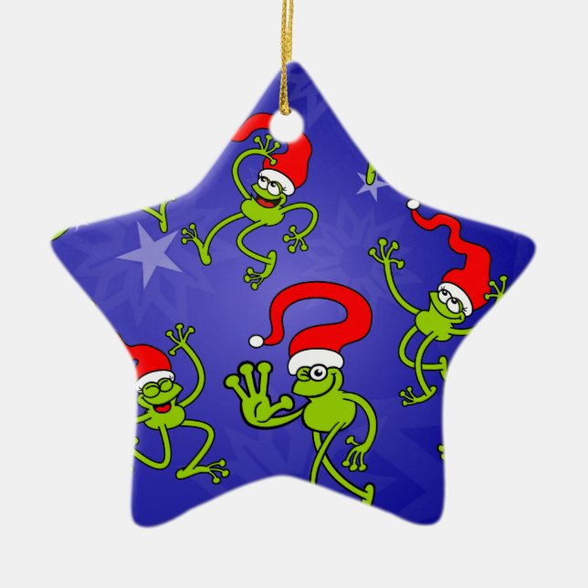 Christmas Frogs jumping, dancing and celebrating! Ceramic Ornament (Front)