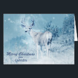 Christmas from Canada Deer Christmas Card<br><div class="desc">Send a bit of Canada to your friends and family this Holiday Season, with this stunning photograph of a buck deer standing at the edge of a mountain forest with snowflakes drifting down around him. The text in blue at the bottom can be changed to anything you'd like, as can...</div>