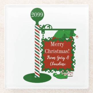 Christmas From Couple Names Elves Glass Coaster