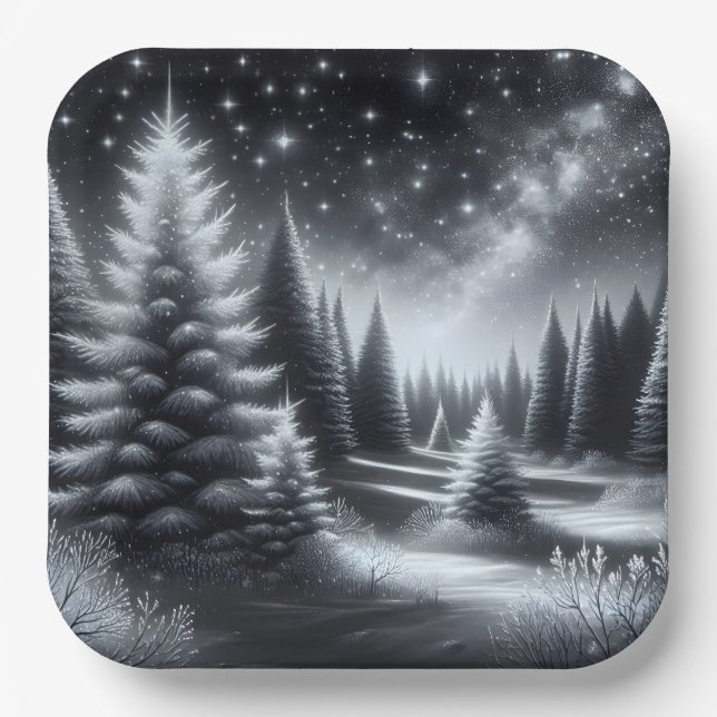 Christmas Frosted Pine Trees In Winter Paper Plate (Front)