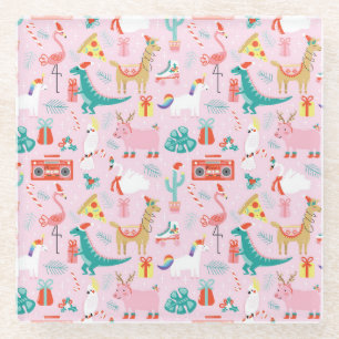 Christmas Fun: Animal Seamless Pattern. Glass Coaster