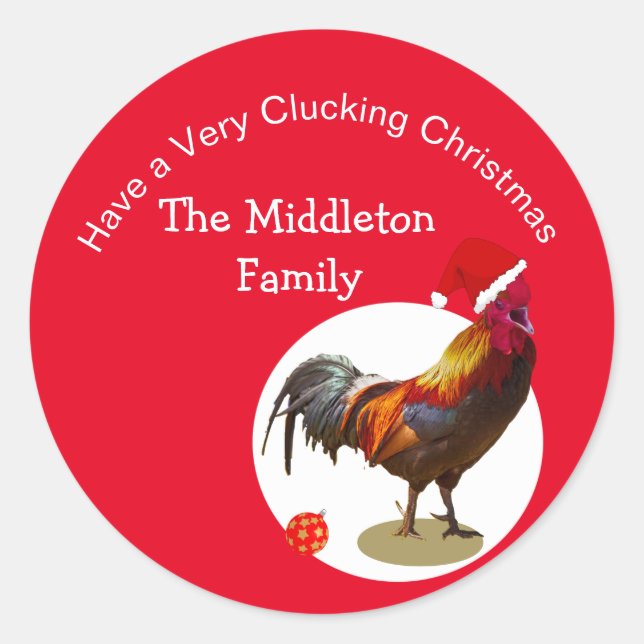 Christmas Fun Chicken Rooster Greeting Yellow Classic Round Sticker (Front)