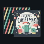Christmas Fun Potted Santa Cactus Plants Holiday Card<br><div class="desc">Personalizable funny cartoon illustration of potted cactus plants Wearing Santa hats surrounded my circular snow. String lights hang overhead.</div>