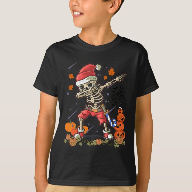 Christmas Fun Santa Skeleton Dabbing Halloween Cos T-Shirt (Front)