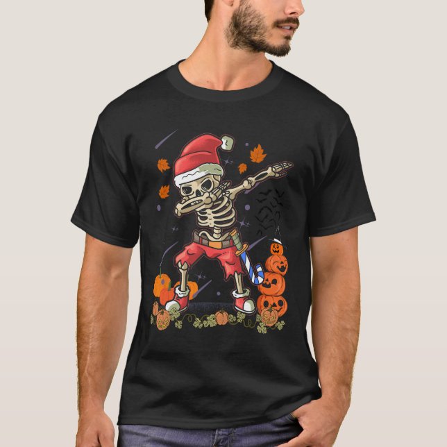 Christmas Fun Santa Skeleton Dabbing Halloween Cos T-Shirt (Front)