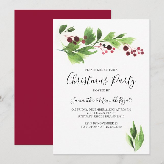 Christmas Function Invite Red Berries & Greenery (Front/Back)