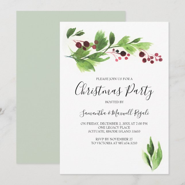Christmas Function Invite Red Berries & Greenery (Front/Back)