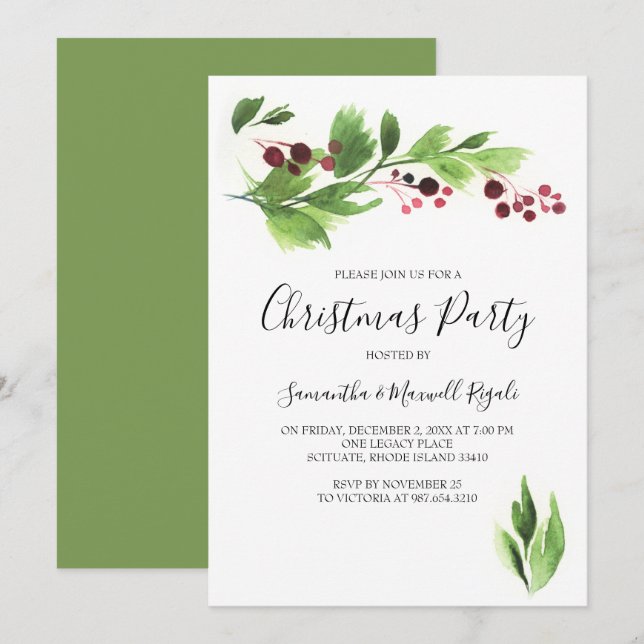 Christmas Function Invite Red Berries & Greenery (Front/Back)