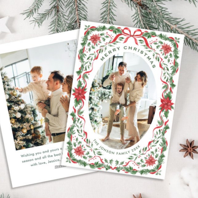 Christmas Funky Whimsical Red Bow Wreath 2 Photo Holiday Card (Creator Uploaded)