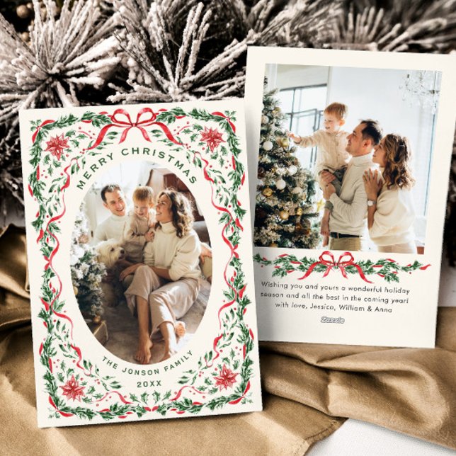 Christmas Funky Whimsical Red Bow Wreath 2 Photo Holiday Card (Creator Uploaded)