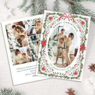 Christmas Funky Whimsical Red Bow Wreath 5 Photo Holiday Card
