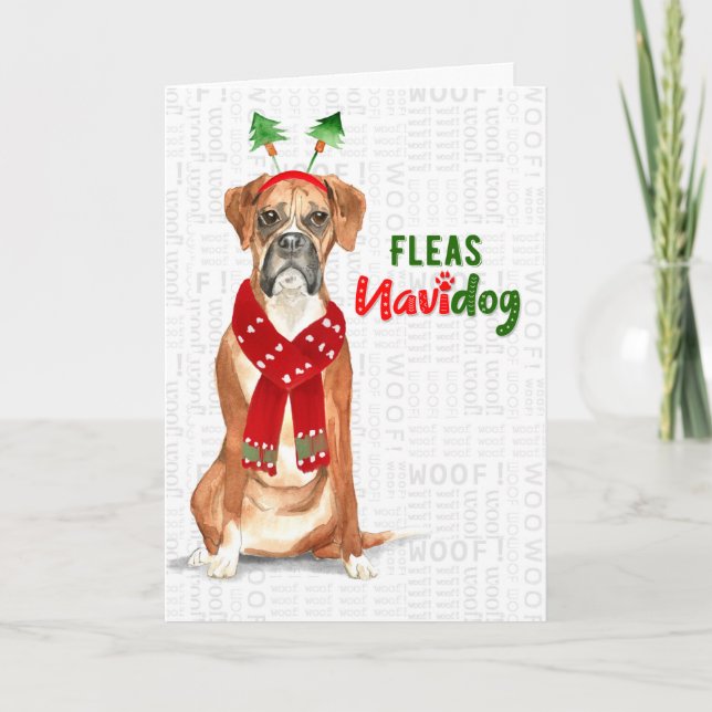 Christmas Funny Boxer Dog Fleas NaviDOG Holiday Card (Front)