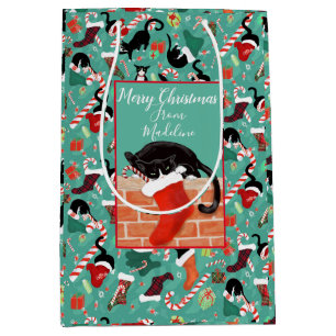 Christmas Funny Cat and Stocking Personalized  Medium Gift Bag