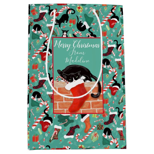Christmas Funny Cat and Stocking Personalized  Medium Gift Bag (Front)