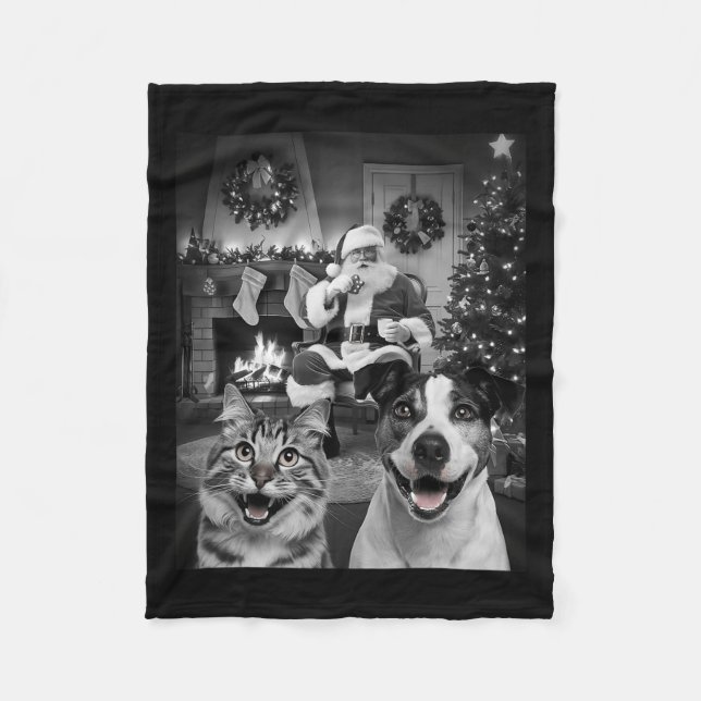 Christmas Funny Cat Dog Selfie With Santa Claus Cu Fleece Blanket (Front)