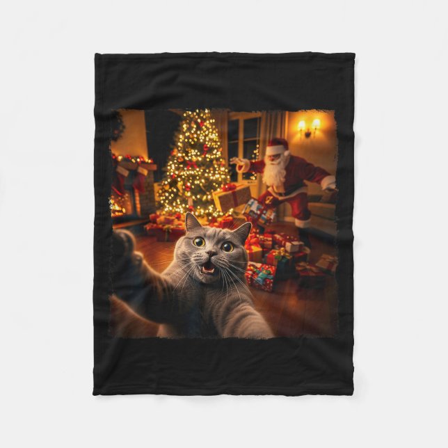 Christmas Funny Cat Selfie With Santa Claus Holida Fleece Blanket (Front)