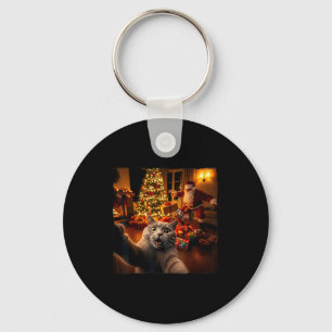 Christmas Funny Cat Selfie With Santa Claus Holida Keychain