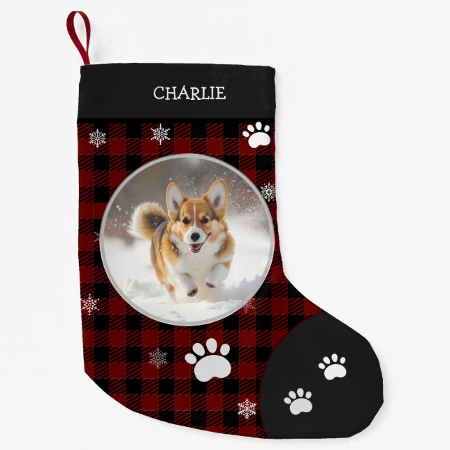Christmas Funny Cute Dog Small Black Plaid Photo Stocking (Front)
