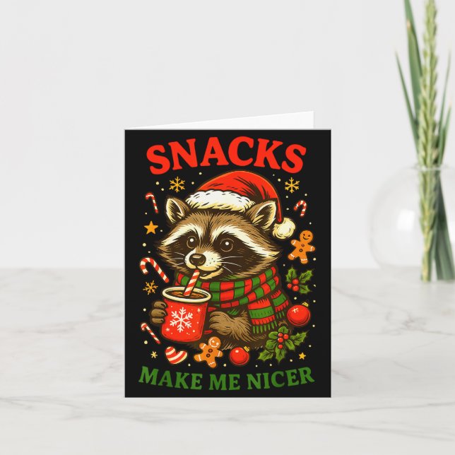 Christmas Funny Cute Feral Raccoon Snacks Make Me  Card (Front)
